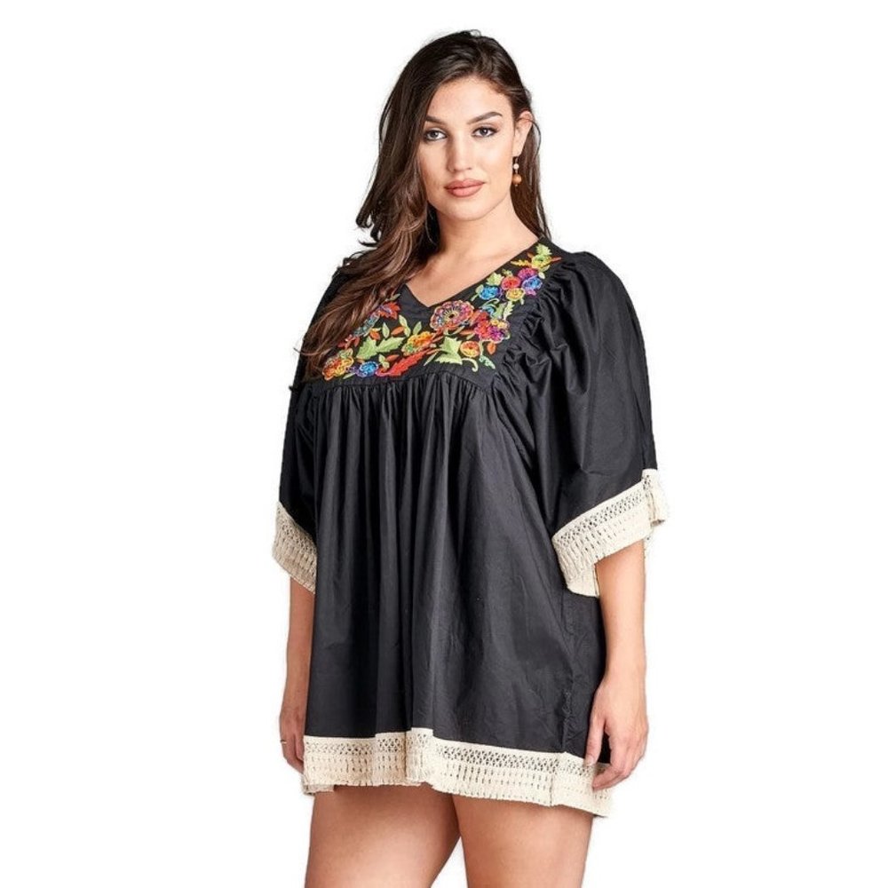 Embroidered Crochet Babydoll Mini Dress, Black